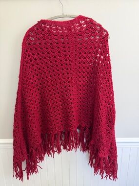 Women's Vintage Reddish maroon Crochet Fringe Poncho Sweater